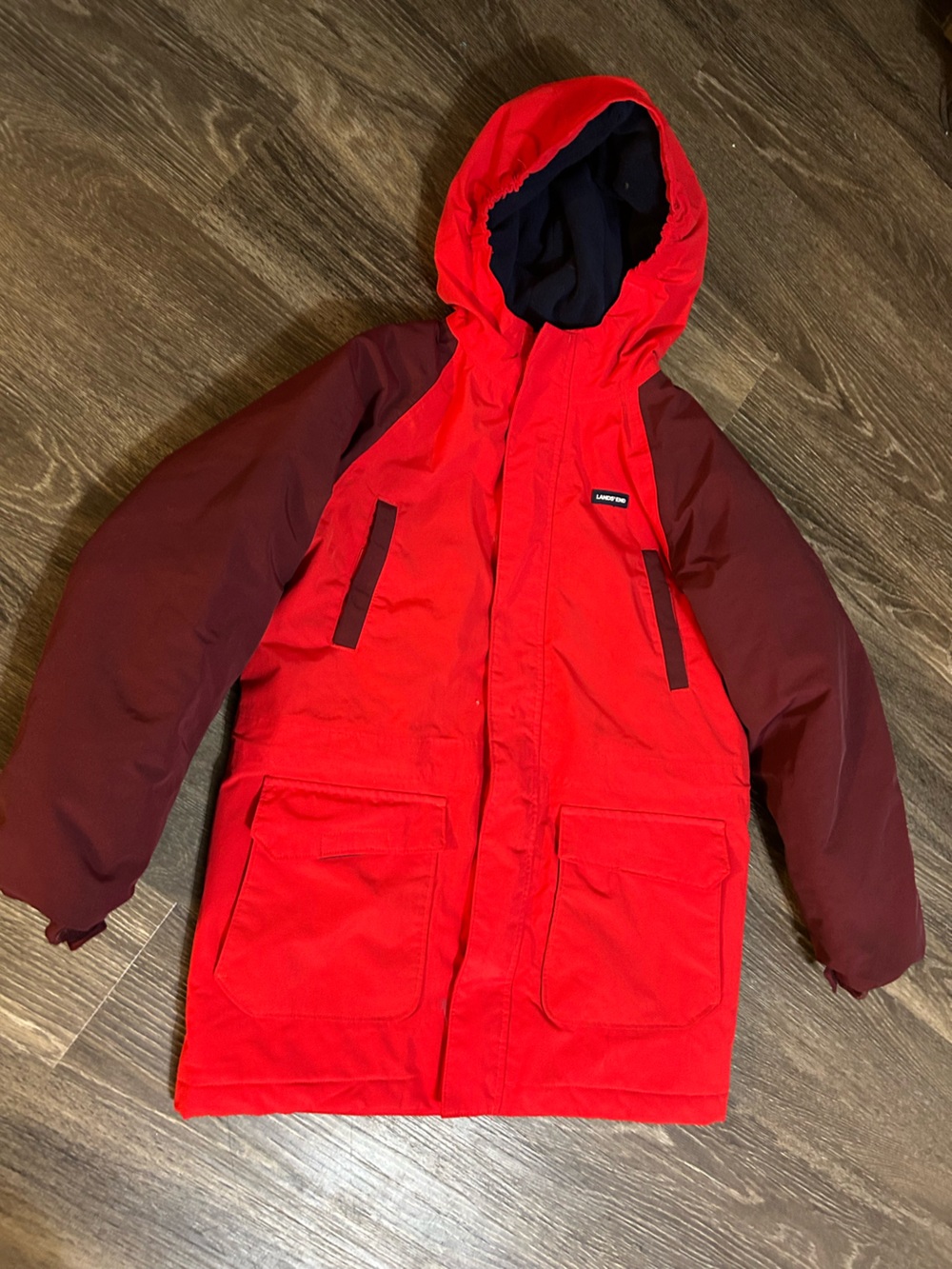 Lands End 10-12 Boys Red Hooded Winter Coat Grow-A-Longs Medium